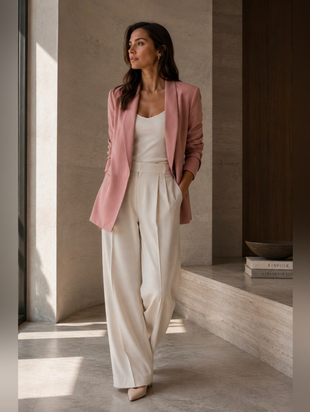 BABATON Women's Blazer Jacket 2 Ruched Sleeve Blush Open Front‎ SBC1-4249-19